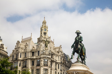 Fototapeta na wymiar Portugal, Porto, City center with the statue of Aliados avenue, Dom Pedro IV Statue