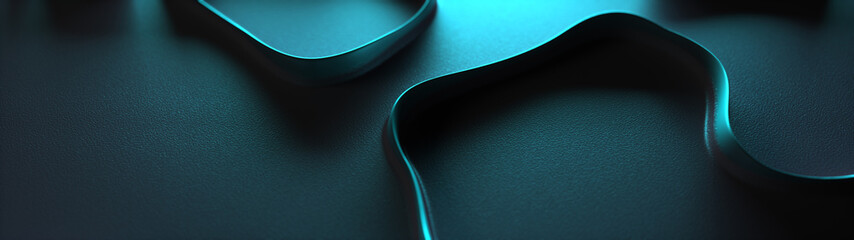 Abstract shapes design on reflective dark background with dark blue green 3d curved lines panoramic with free space.