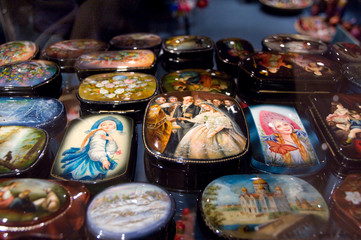 Russia: Traditional painted Russian black lacquer boxes.