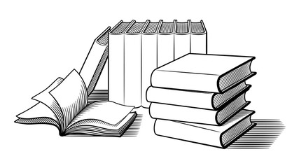 Big amount of books. Black and white retro style vector illustration, isolated on white background