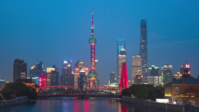 time lapse of sunset, Shanghai skyline and Waibaidu bridge, China