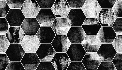 Deurstickers Marmeren hexagons Handbeschilderde marmeren tegels. Naadloze artistieke patroon. Creatieve trendy achtergrond voor kaarten, uitnodigingen, banners, websites, plakboeken, wallpapers. Monochroom kleurenpalet.