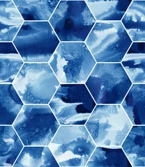 Foto op Plexiglas Marmeren hexagons Naadloze aquarel patroon. Decoratieve moderne achtergrond. Trendy creatief ontwerp. Handgemaakte textuur. Blauwe inkt.