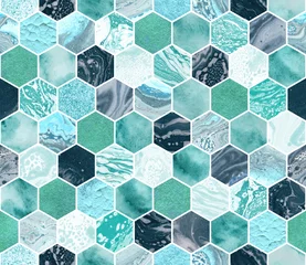 Behang Marmeren hexagons Handbeschilderde marmeren tegels. Naadloze artistieke patroon. Creatieve trendy achtergrond.
