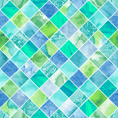 Hand painted marble tiles. Seamless artistic pattern. Creative trendy background. Different shades of blue and green colour palette. Mixed media art.