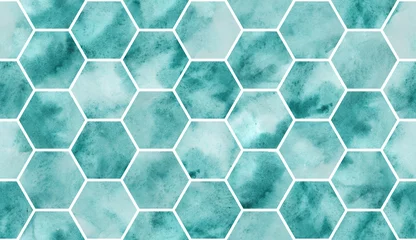 Foto op Plexiglas Marmeren hexagons Naadloze aquarel patroon. Decoratieve artistieke achtergrond. Trendy creatief ontwerp. Handgemaakte textuur. Turkoois inkt.