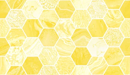 Foto op Plexiglas Marmeren hexagons Naadloze aquarel patroon. Decoratieve artistieke achtergrond. Trendy creatief ontwerp. Handgemaakte textuur. Gele inkt.