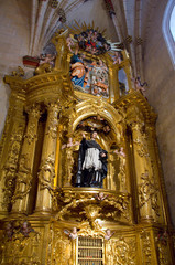 Spain, Castile-Leon region, Burgos. Gothic Burgos Cathedral (aka Catedral de Burgos) interior altar detail. UNESCO.