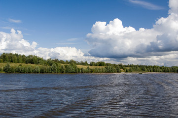 Russia, Typical river views between Goritzy & Kizhi Island, White Lake area.