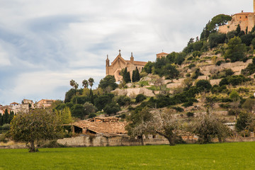 Spain, Balearic Islands, Mallorca, Arta. Parish Church of Transfiguracio del Senyor. As seen from valley below.