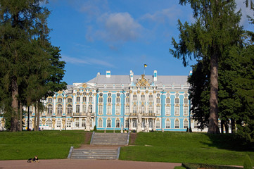 Russia, St. Petersburg, Catherine's Palace (aka Bolshoi Yekaterinsky Dvorets). Palace view from...