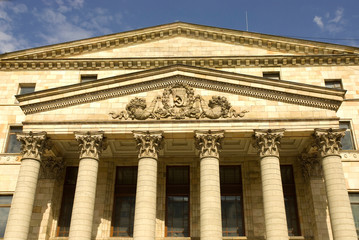 Russia. Moscow. Petrovska Street. Classical facade wtih hammer and sycle.