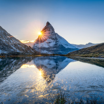 Riffelsee is an alpine lake above the town of Zermatt in the canton of Valais, Switzerland