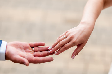 Bride and groom hands drawning to each other
