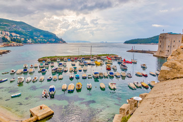 Croatia, Dubrovnik. View of boats in harbor. 