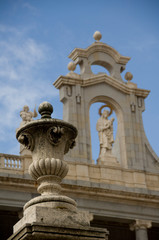Fototapeta na wymiar Spain, Madrid. Neo-Gothic Cathedral Almudena (aka Cathedral de la Almudena), exterior detail.