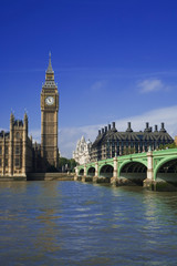 Great Britain, London. View of Big Ben and Westminster Bridge over the River Thames. 