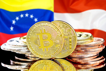 Concept for investors in cryptocurrency and Blockchain technology in the Venezuela and Austria. Bitcoins on the background of the flag Venezuela and Austria.