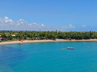 Fototapeta na wymiar Aerial view of tropical white sand beach, palm trees and turquoise clear sea water in Praia do Forte, Bahia, Brazil. Travel tropical destination in Brazil
