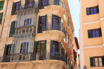 Spain, Balearic Islands, Mallorca. Palma. Apartment building facade.