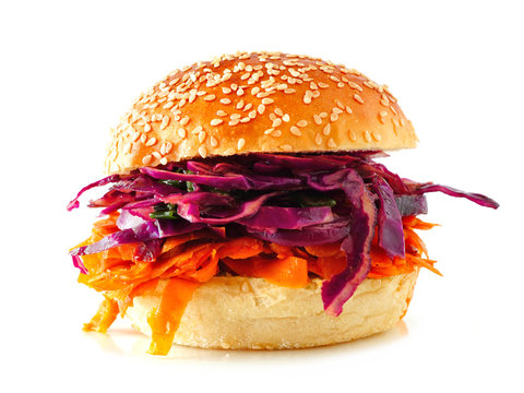 Pulled Carrot Meatless Burger With Red Cabbage Slaw Isolated On A White Background. Healthy Eating, Plant-based Meat Substitute Concept.