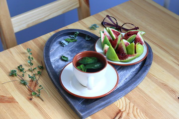 tea beautiful tray. glass and fig
