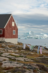 Greenland, Nuussuaq Peninsula, Disko Bay, Qaasuitsup municipality, Saqqaq. Typical home overlooking...