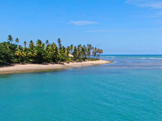 Aerial view of tropical white sand beach, palm trees  and turquoise clear sea water in Praia do Forte, Bahia, Brazil. Travel tropical destination in Brazil