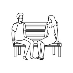 young lovers couple seated in park chair characters
