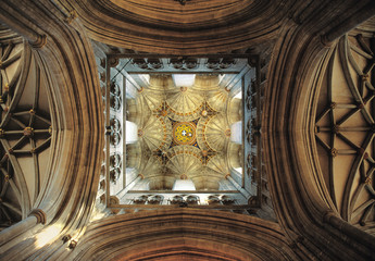 England, Canterbury. This intricate ceiling is directly above the Bell Harry Tower of Cathedral, a...