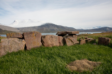 Greenland, Tunulliarfik (aka Erik's Fjord), Itelleq (aka Igaliku) near Brattahlid. Historic Erik the Red's Eastern Settlement & ruins of Gardar, religious heart of 12th c. Norse Greenland.. © Cindy Miller Hopkins/Danita Delimont