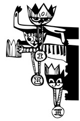 black and white sketch of kittens with medals and in crowns