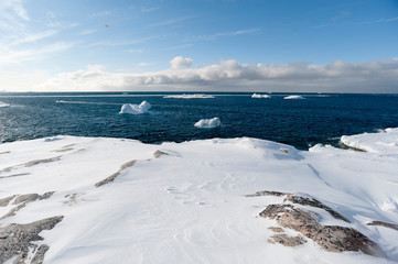 Icebergs along the coastline of Ilulissat, Greenland.