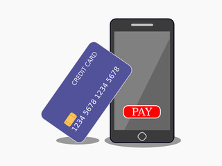 Fototapeta na wymiar Modern smartphone with credit card and payment process. Mobile payment method concept isolated on white background Vector. 
