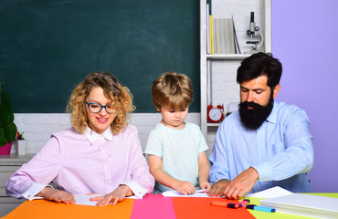 Happy school kids at lesson in September 1. Family education. Family school. Beginning of lessons....