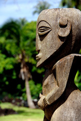 South Pacific, French Polynesia, Tahiti. Open air Tiki Temple park, ancient site use for royal...