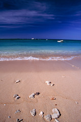 Fiji Islands, Tavarua. A collection of rocks is gathered by the sea on Tavarua, in the Fiji Islands.