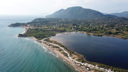 Fototapeta na wymiar Aerial drone photo of iconic lake of Korission a natural preserve and beach of Halikounas, Corfu island, Ionian, Greece