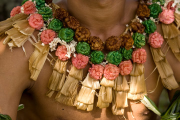 Fiji, Viti Levu, Viseisei. Detailed view of a traditional woven collar.