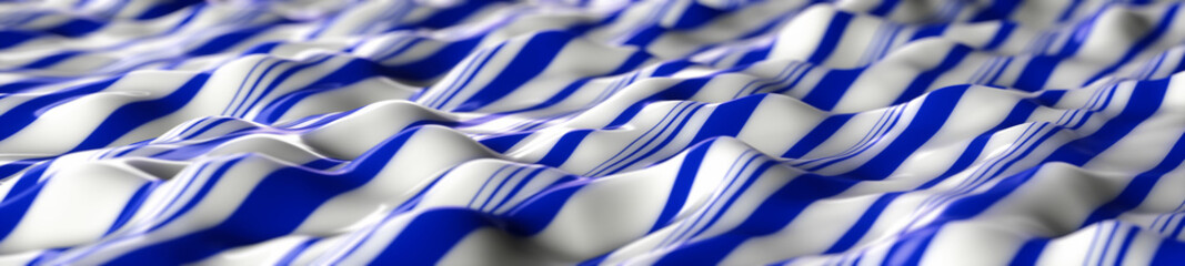 An illustration of a white and blue peppermint candy sheet. wavy background with blue and white stripes and Depth of Field, macro, wide banner panoramic.
