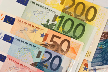 Close-up of different Euro notes. 