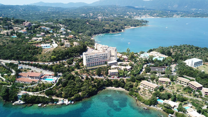 Aerial drone photo of resort near famous tropical bay of Nisaki a popular yacht dock, island of Corfu, Ionian, Greece