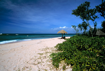 Fiji Islands, Tavarua. A solitary hut marks the beach on Tavarua, in the Fiji Islands.