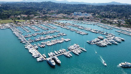 Aerial drone photo of famous bay of Gouvia a popular yacht dock, island of Corfu, Ionian, Greece
