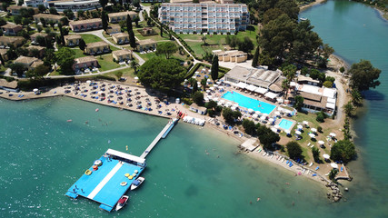 Fototapeta na wymiar Aerial drone photo of famous bay of Gouvia a popular yacht dock, island of Corfu, Ionian, Greece