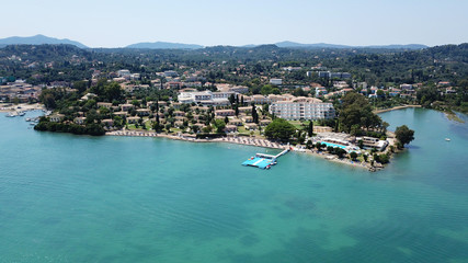 Aerial drone photo of famous bay of Gouvia a popular yacht dock, island of Corfu, Ionian, Greece