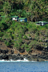 Fototapeta na wymiar South Pacific, British Overseas Teritory, Pitcairn Island. Rocky coastline with local homes for the only 50 residents.