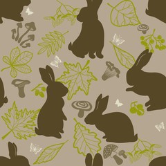 seamless pattern with hare and mushroom, leaf. background.
