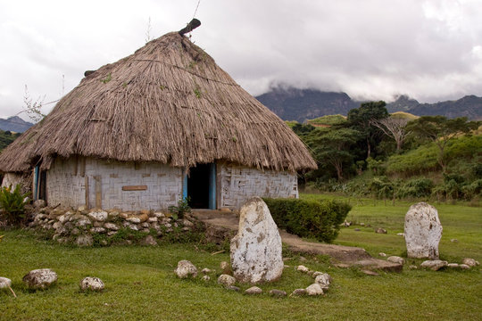 Fiji, Viti Levu, Navala. Traditional bure or thatched roof hut.