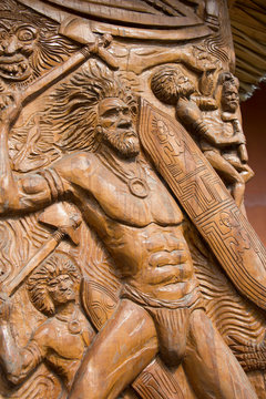 Melanesia, Solomon Islands, Guadalcanal Island, capital city of Honiara. Cultural Center, detail of traditional wood carving of warrior.